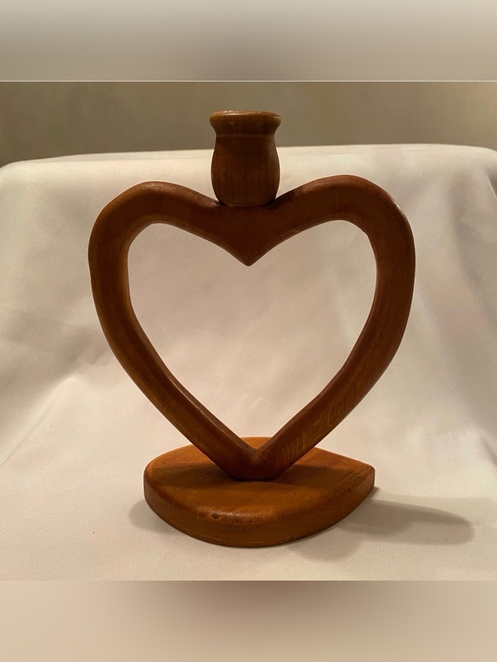 Rustic Hand Carved Heart Shaped Single Taper Wooden Candle Holder Beautiful